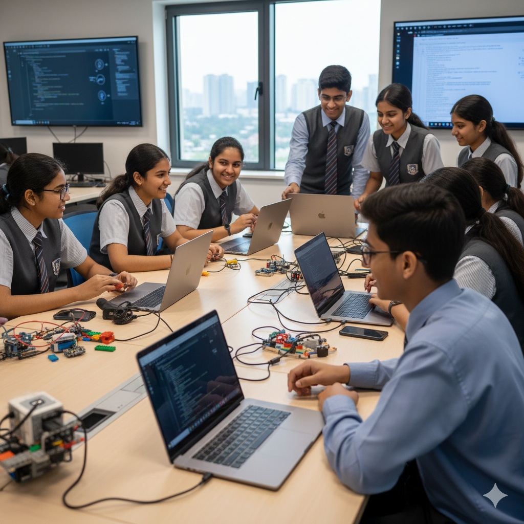 Indian students collaborating on a robotics project